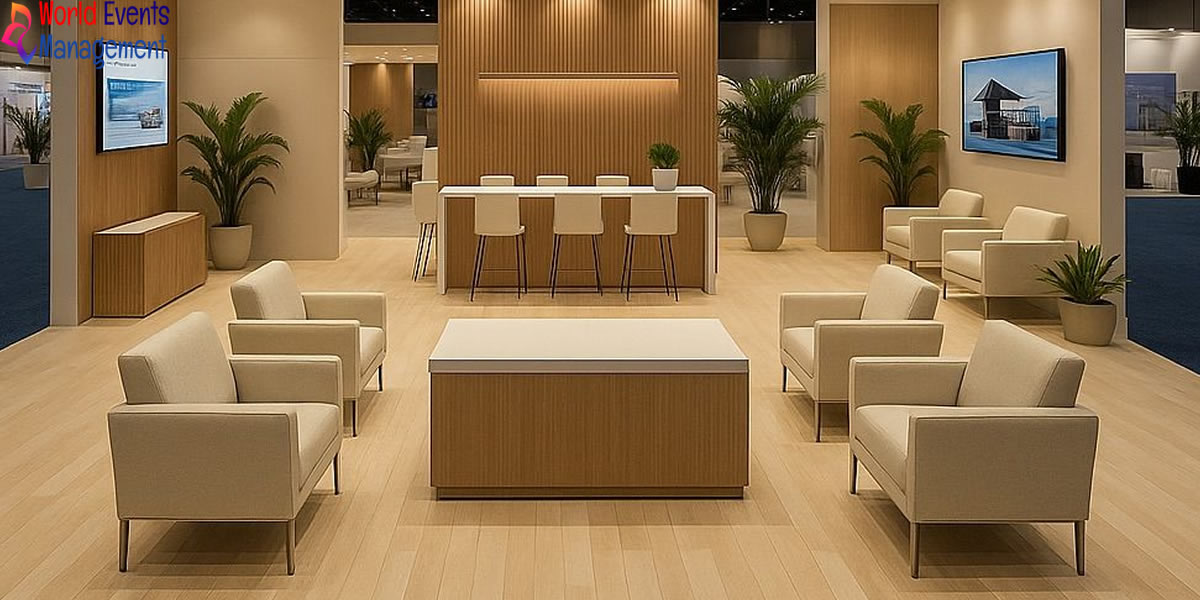 Professional exhibition lounge stand with wooden interiors and seating area