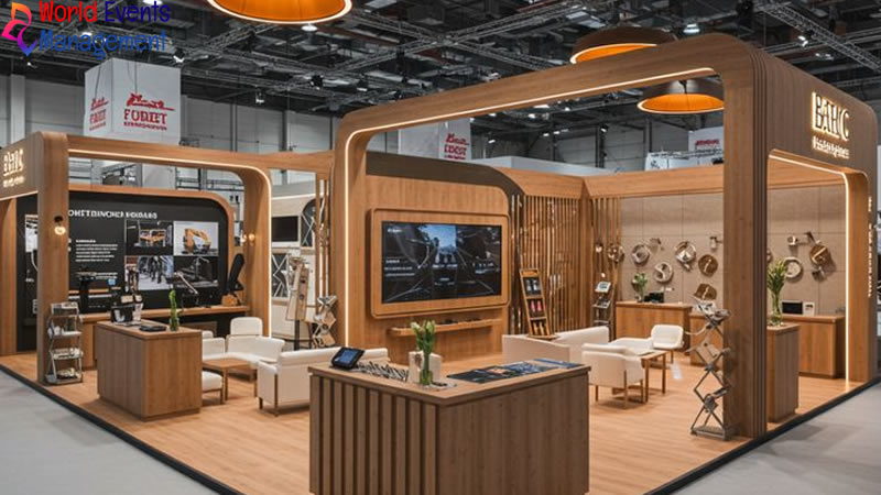 Modern wooden exhibition stand design with open layout, product displays, and premium interior elements