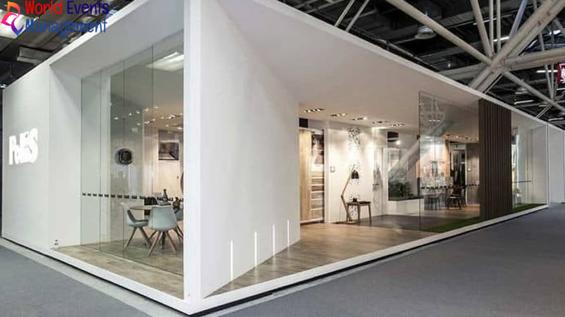 Contemporary white exhibition stand with modern architectural design