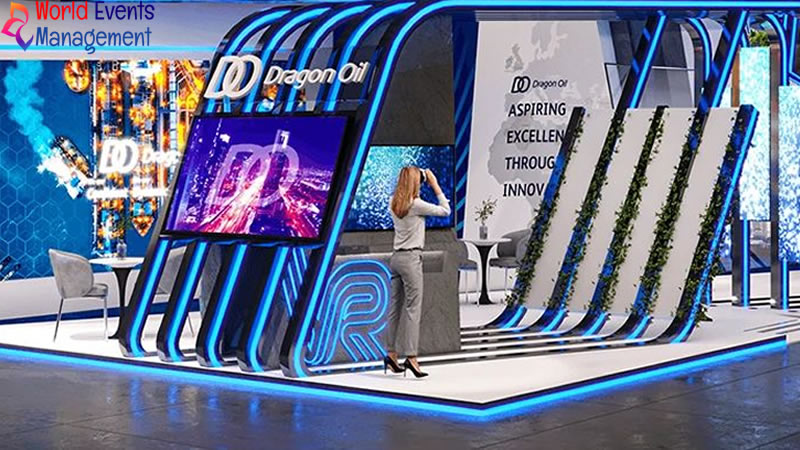 Futuristic exhibition stand with curved design elements and digital displays