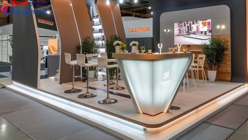 Contemporary exhibition stand with elegant counters, digital displays, and professional booth architecture
