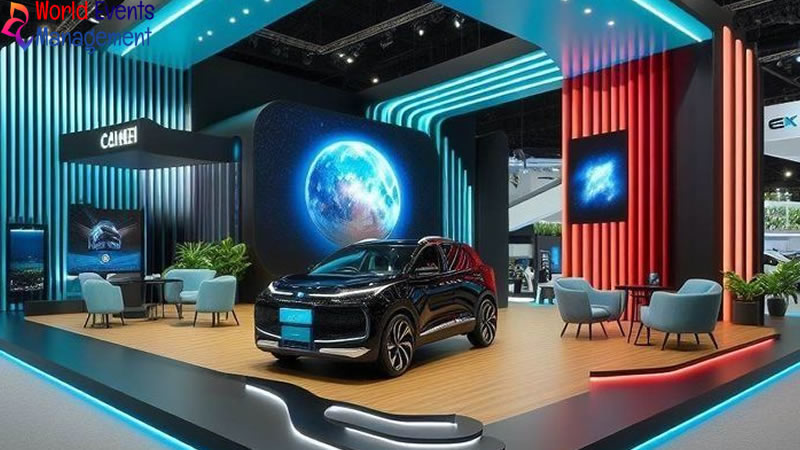 Automotive exhibition stand design with luxury vehicle display and digital branding