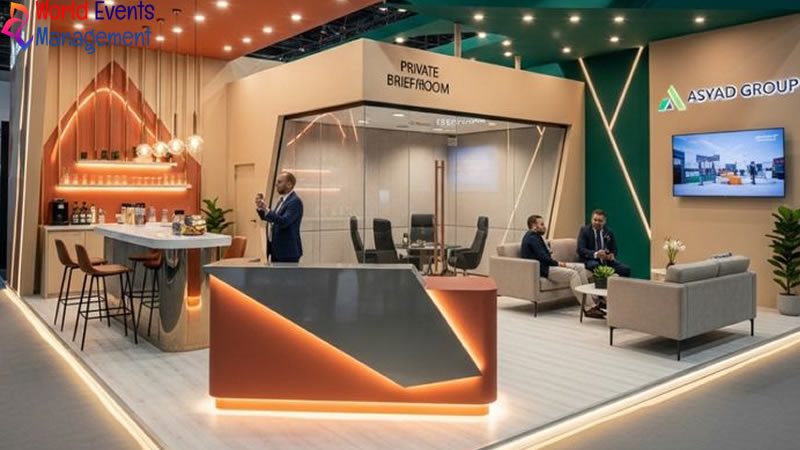 Premium exhibition stand featuring modern architecture, creative lighting, and branded presentation areas
