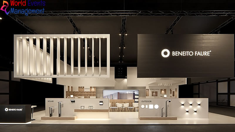 Minimal luxury exhibition stand with premium display counters and lighting design