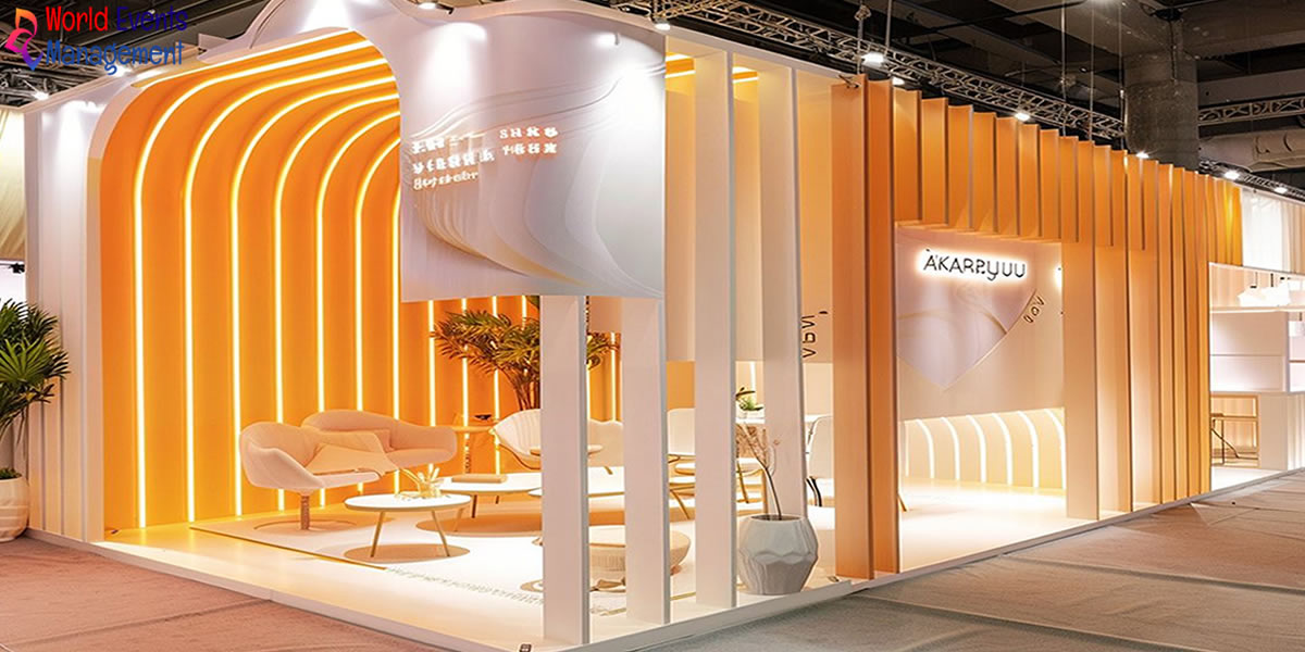 Modern exhibition stand design with curved architectural elements and premium lighting
