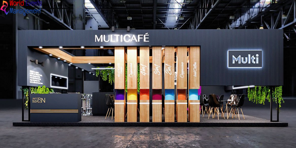 Modern exhibition stand design with branded display area and visitor counter