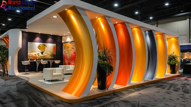 Custom exhibition stand design with orange curved structures and interactive display areas