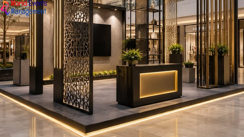 Elegant exhibition stand design with premium lighting and modern interior elements