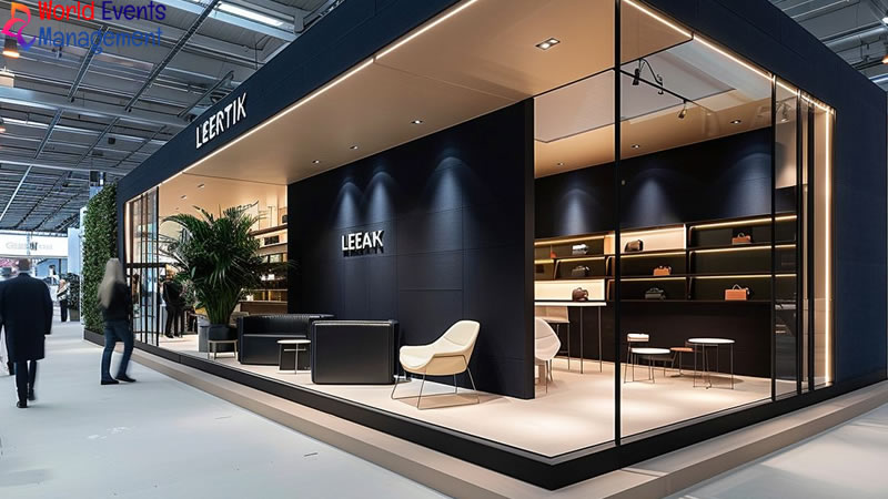 Luxury exhibition stand design with black walls, product displays, and professional meeting space