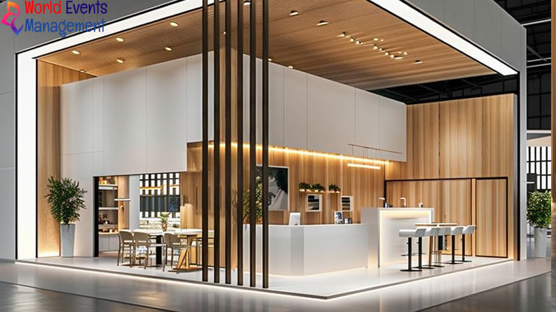 Contemporary exhibition stand with open space design and wooden architectural details