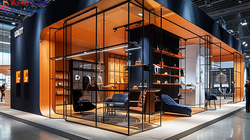 Contemporary exhibition stand with glass walls, wooden finishes, and modern interior design