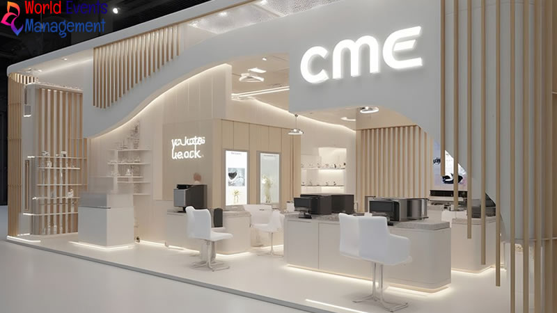 White exhibition stand design with illuminated branding and modern display areas