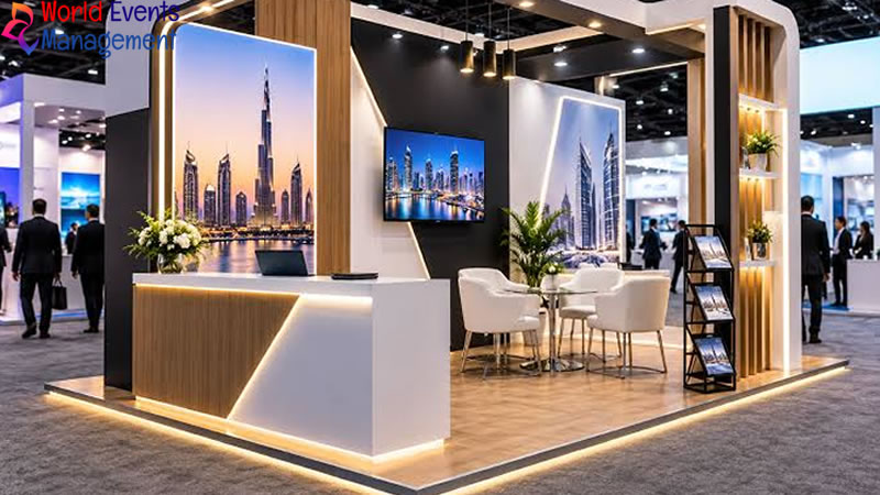 Elegant exhibition booth with illuminated reception desk, city graphics, and meeting area