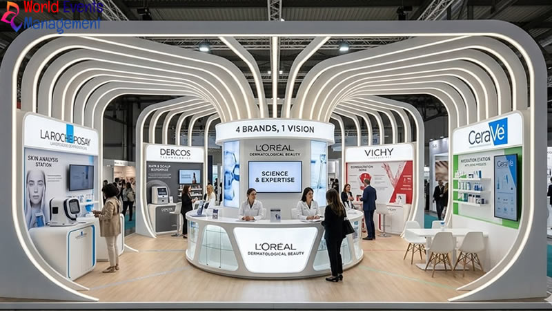 Interactive exhibition stand design with curved white structure and digital product displays