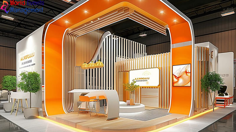 Creative exhibition stand with orange architectural design and open visitor space