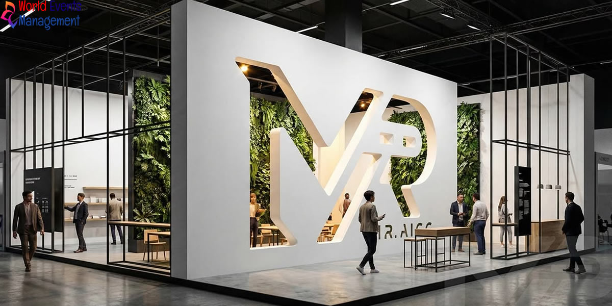 Large modern exhibition stand with unique architectural structure and branding area
