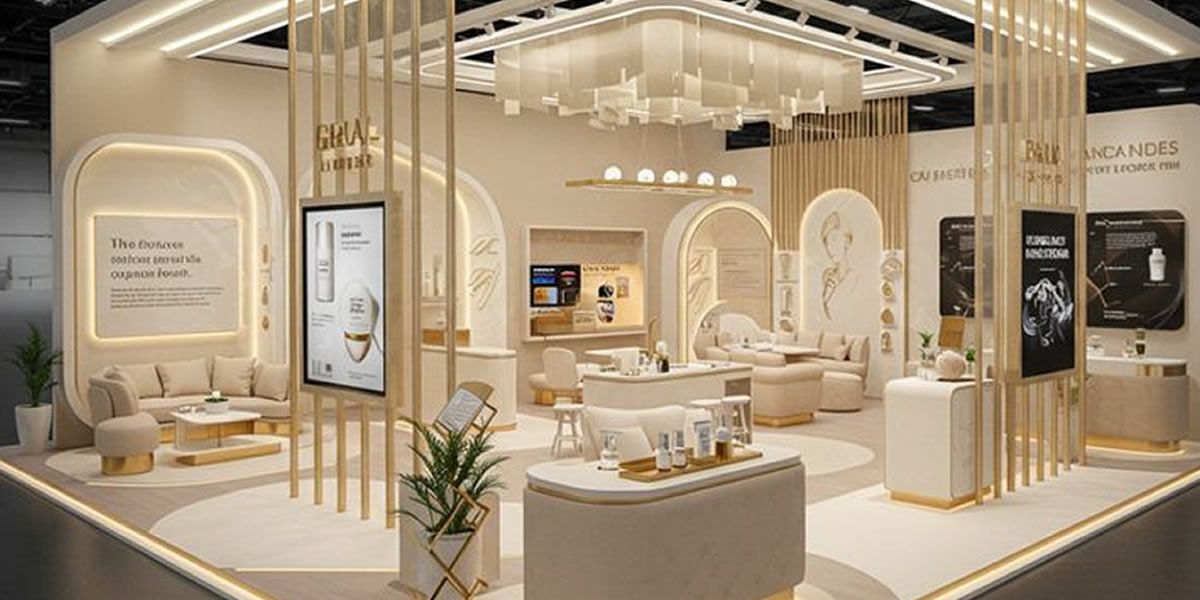 Elegant luxury exhibition stand interior with display counters and meeting areas