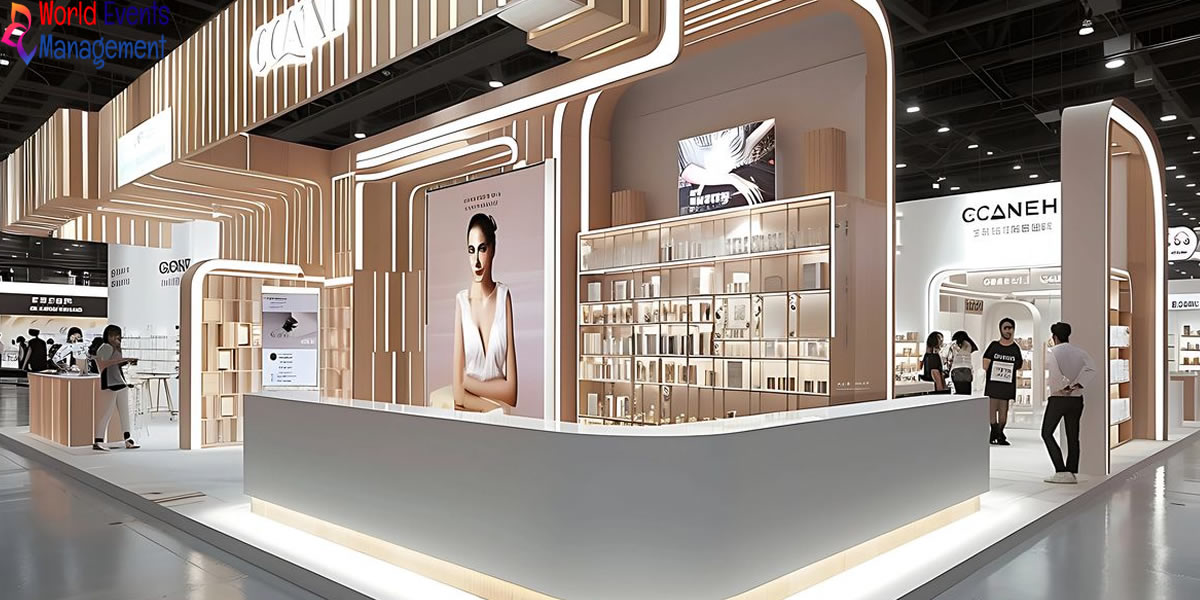 Luxury exhibition stand design with elegant lighting, curved structures, and premium brand displays
