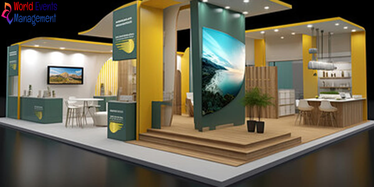 Modern custom exhibition stand design with yellow and green branding, digital display, meeting area, and premium booth structure