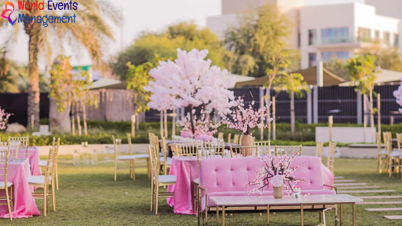 Outdoor corporate event setup with elegant seating and decorative arrangements