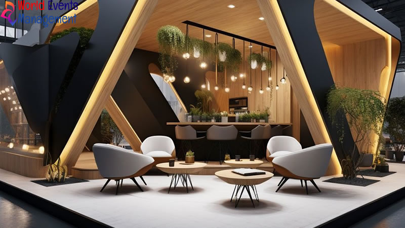 Modern corporate exhibition stand design with elegant seating area and creative architectural structure