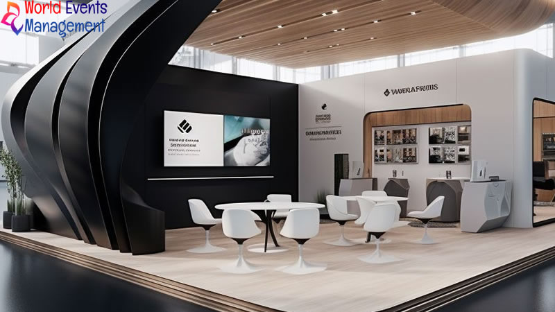 Professional corporate exhibition booth with curved design elements and branded display area