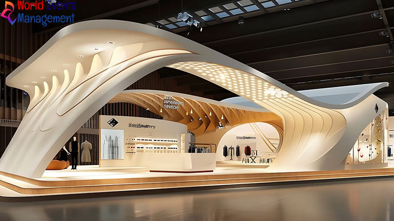 Unique architectural exhibition stand design with modern curves and premium lighting