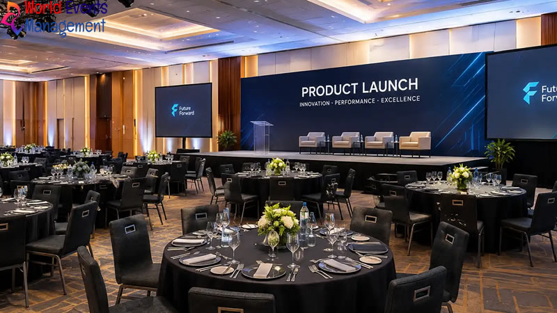 Professional product launch event setup with branded stage and seating arrangement