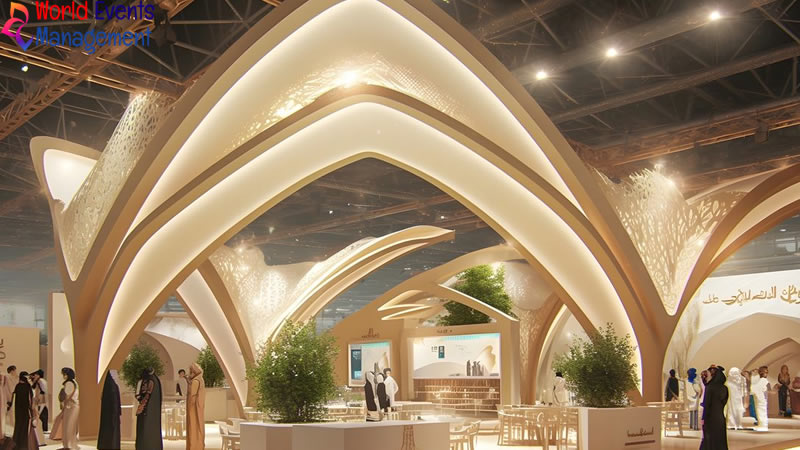 Large luxury exhibition stand with creative curved structure and spacious visitor area