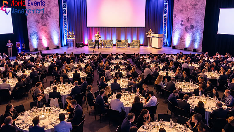 Large corporate conference event with audience seating and stage presentation