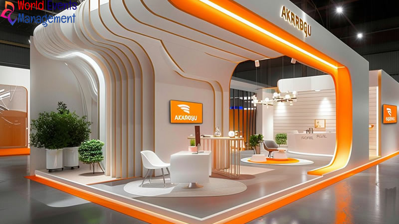 Orange and white modern exhibition booth design with branded display counters