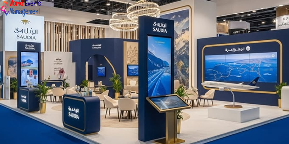 Professional technology exhibition stand with blue branding and digital display screens