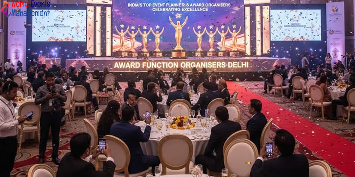 Corporate award night event with branded stage and formal seating arrangement
