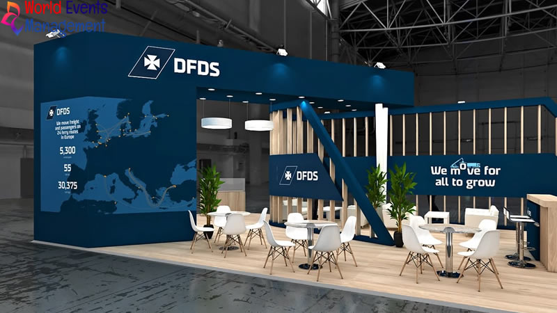 Corporate exhibition stand with blue branding and professional meeting spaces