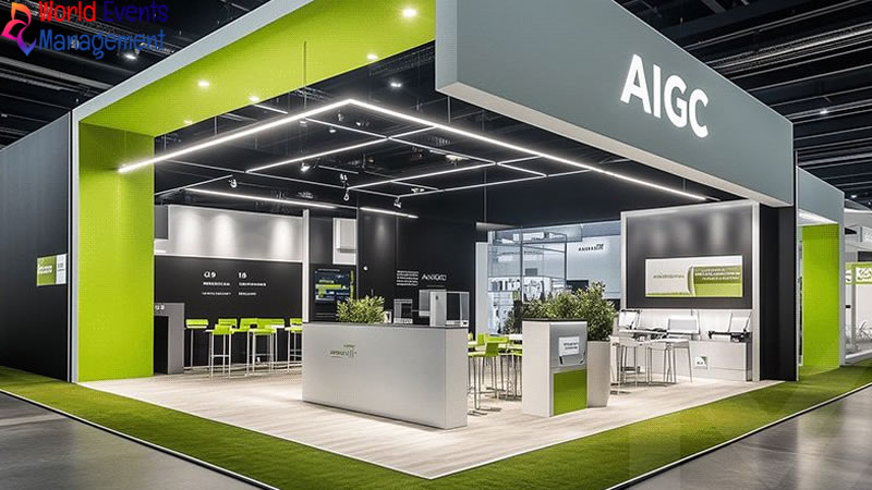 Green and white exhibition booth design with modern branding and display counters