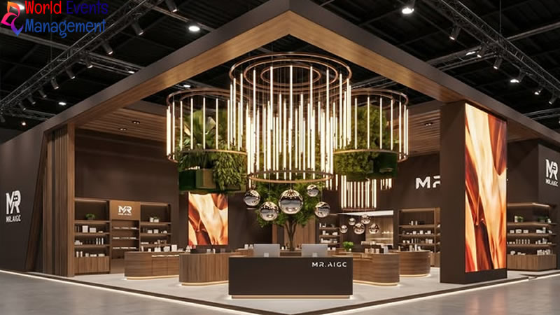 Luxury exhibition stand with wooden finishes, lighting, and premium display areas
