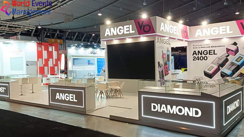 Premium exhibition booth design with branded product displays and modern exhibition layout