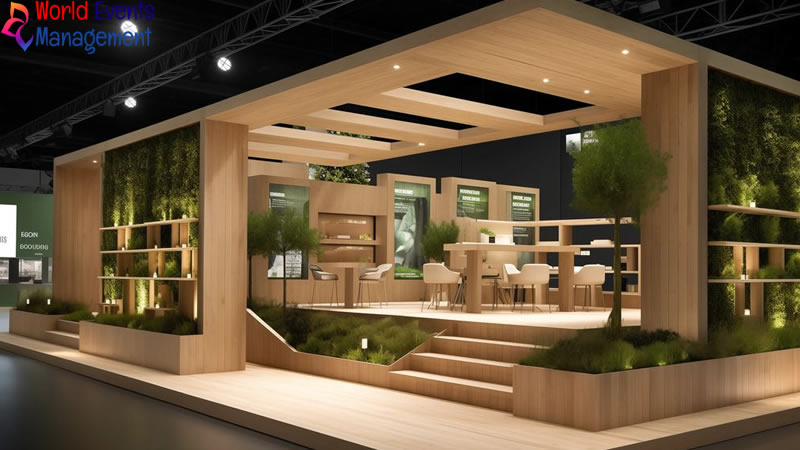 Modern eco-inspired exhibition booth with wooden design and greenery elements