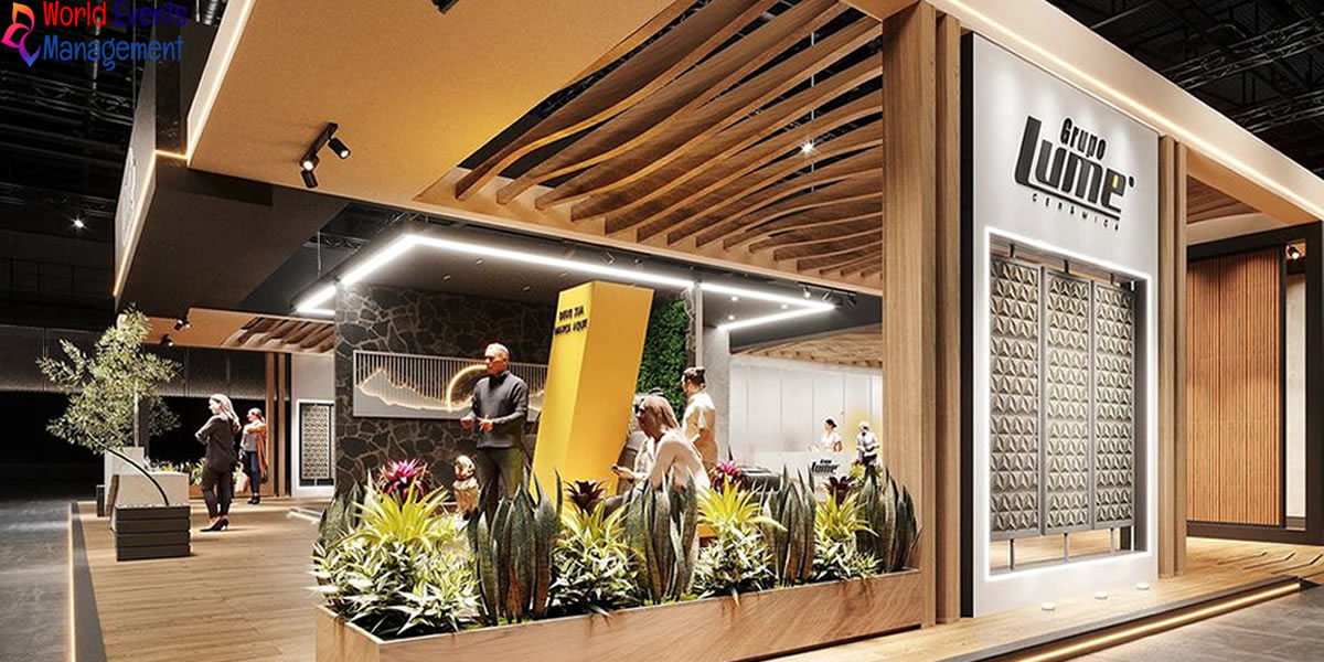Contemporary exhibition stand with luxury interior design and product showcase area