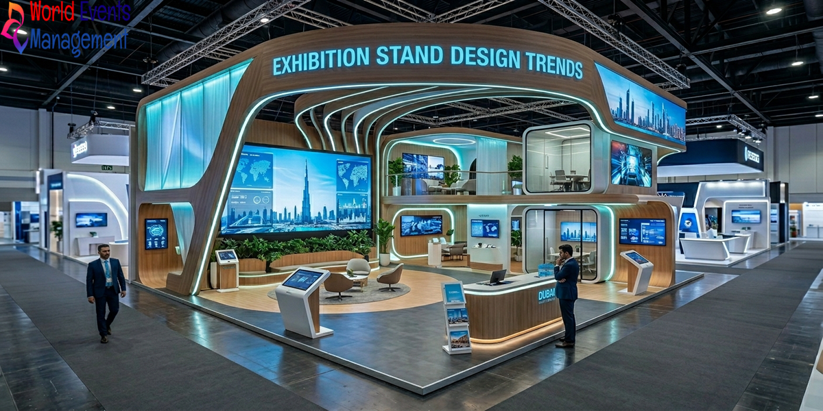 Large custom exhibition stand design with digital displays and futuristic booth structure